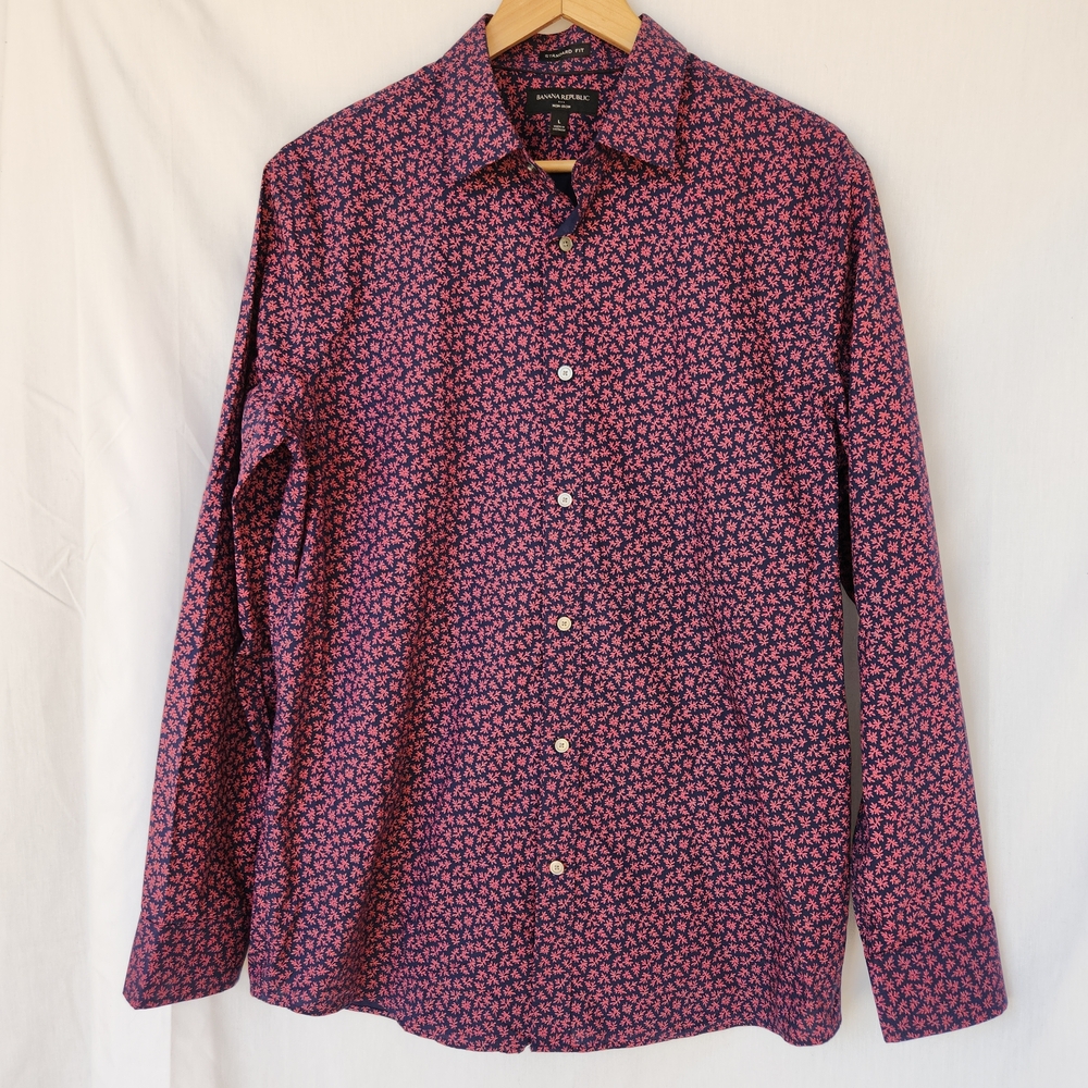 Banana Republic Navy Blue Pink Floral Non Iron Long Sleeve Dress Botton Up L Y2K
